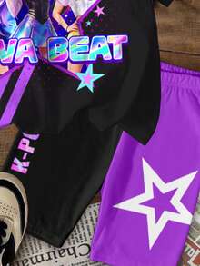 2pcs/Set Young Girl Casual Cartoon Girl Portrait,Purple & Black Patchwork,K-Pop Superstars Group Print,Short Sleeve T-Shirt And Shorts Set,Summer - Multicolor - View 6