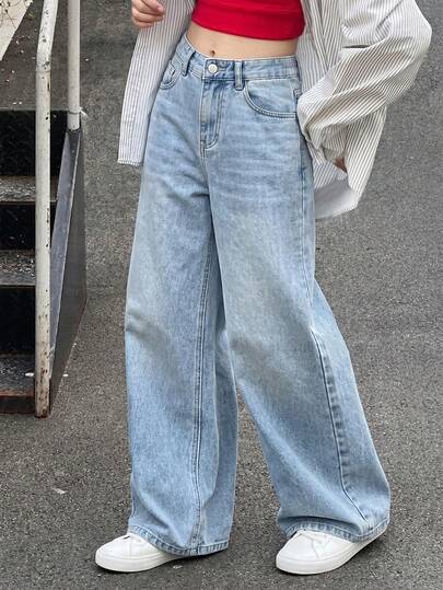 Tween Girls Y2K Vintage Washed High Waist Loose Wide Leg Jeans, Light Blue Wash, Minimalist All-Match Versatile Casual Straight Leg Jeans, Suitable For School, Campus, University Wear