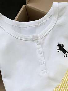 SHEIN Elladie kids 2件組少女夏季開學穿搭，馬匹印花圓領短袖T恤搭配黃色條紋直筒長褲，老錢風 - 黃色 - 查看 5
