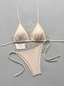Swim Mod Conjunto de bikini de verano para mujer de unicolor con escote halter y lazos, traje de baño sexy - Beis - Ver 3