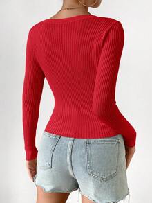 EMERY ROSE Women's Fitted Solid Color Round Neck Long Sleeve Button-Front Ribbed Knit Cardigan - Red - View 2