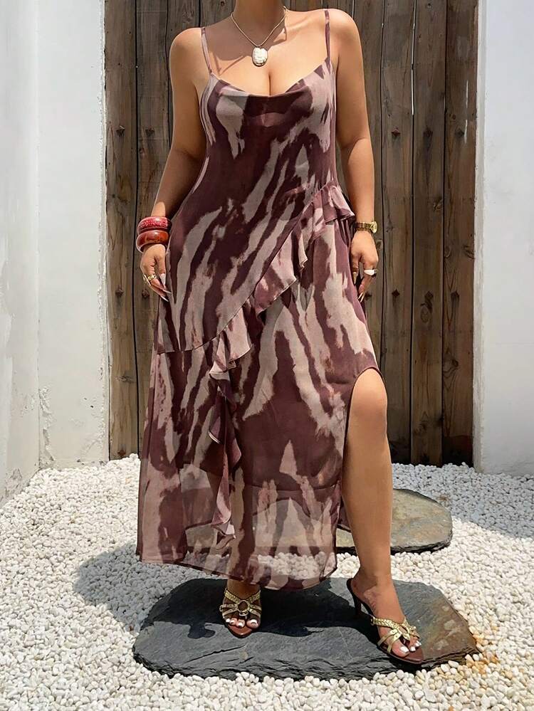 Dazy Plus Irregular Print Pattern Vacation Style Chiffon Spaghetti Strap Dress, Fitted Plus Size Women, Brown Long Dress, Spring/Summer