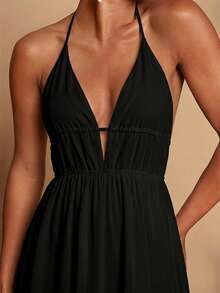 Travachic Solid Color V-Neck Sleeveless Dress For Women,Dresses For Women Summer - Black - View 4