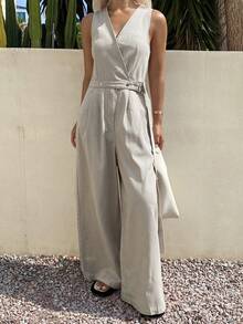 Livesso Mono y mono de mujer de algodón con cuello en V sin mangas, cintura ceñida y unicolor, adecuado para fiestas, playa, vacaciones, verano - Gris Claro - Ver 8