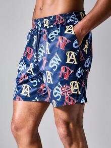 SUMWON Regular Fit All-Over Monogram Print Swim Trunks With Elastic Drawstring Waist Summer Beach Holiday Shorts - Royal Blue - View 4