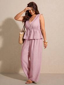 Elaquor Plus Size Casual Vacation Striped Sleeveless A-Line Shirt And Straight Leg Casual Pants 2 Pieces Set - Pink - View 8