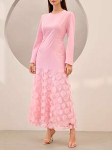 Graceveil Elegantes langes Kleid mit floraler Stickerei und Rückenausschnitt mit Schleife, geeignet für formelle Anlässe, Partys und Veranstaltungen - Pink - Übersicht 7