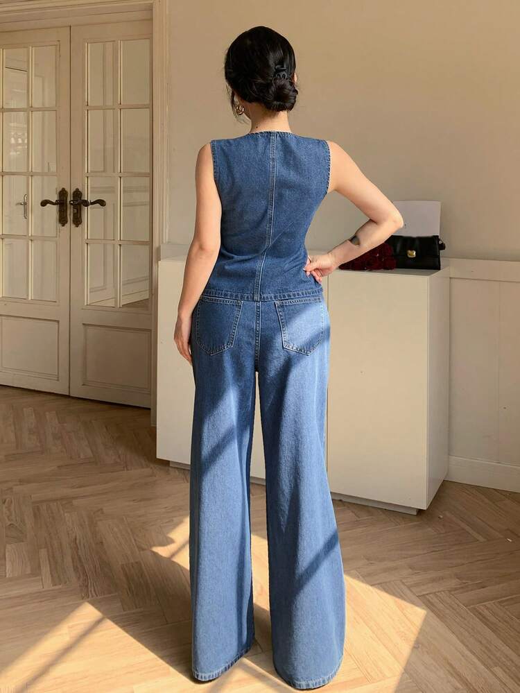 Women's Round Neck Waist Cinched Sleeveless Vest And Loose Straight Leg Pants Vacation Style 2 Pieces Set Summer