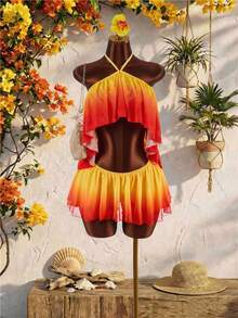 Amplova Setelan 2 Potong Gaya Boho Musim Panas Oranye dan Kuning untuk Liburan Pantai Tropis bagi Wanita, Rok Mini Camisole Pendek dengan Hem Bergelombang, Pakaian Bodycon untuk Festival, Pesta - Coklat - View 2
