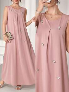 Al Najma Đầm xòe không tay cổ tròn họa tiết hoa 3D thanh lịch, thích hợp cho mùa xuân/hè. - Bụi hồng - Xem 6