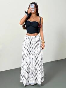SHEIN PETITE Chân váy nữ chấm bi trắng kiểu dáng thường ngày, thích hợp cho đi chơi, phong cách đường phố, thời trang Y2K, mùa xuân/hè, chân váy boho trắng, chân váy maxi mùa hè. - trắng - Xem 6