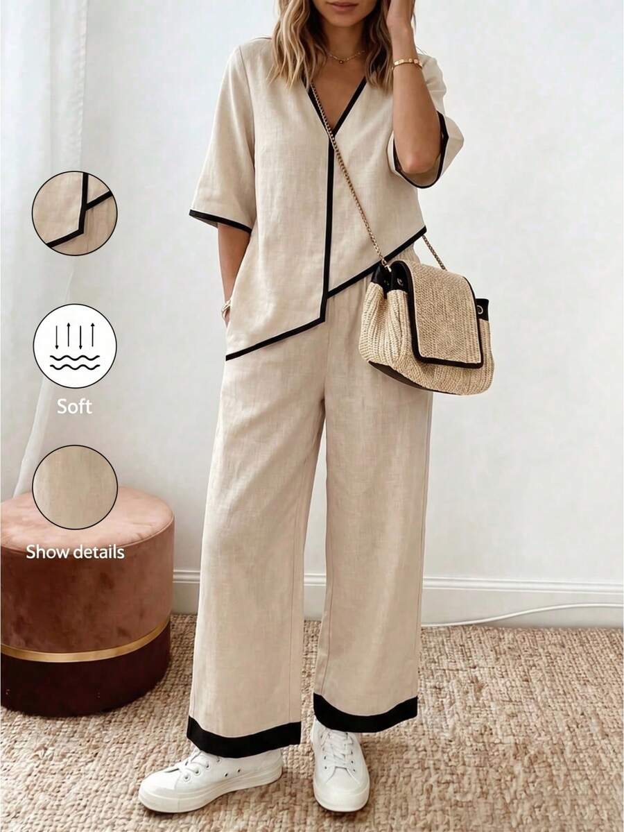 Breezaya 女士夏季两件套:V领直肩中袖上衣,领口、袖口和下摆采用撞色黑色面料设计;高腰梭织长裤。百搭日常穿着,休闲舒适,简约时尚,适合通勤和度假。夏季套装,女士休闲套装,夏季度假套装,女士度假套装,女士通勤套装,女士办公室套装,夏季女装,女士夏季套装,女士休闲套装,夏季度假套装 - 彩色 - 查看 1