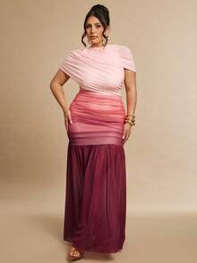 SHEIN BAE Đầm dự tiệc lưới ombre thanh lịch cỡ lớn - Bụi hồng - Xem 7