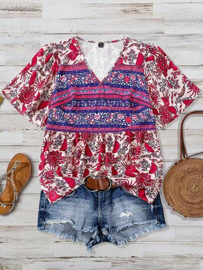 Linhara Blusa holgada con cuello en V y estampado floral cómoda y romántica para vacaciones y uso diario, talla grande para mujer