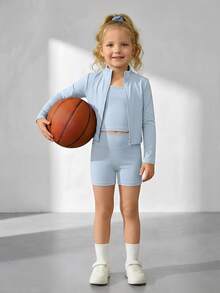 SHEIN Bộ 3 món thể thao mùa xuân/hè/thu cho bé gái, nhẹ nhàng, thoải mái gồm áo khoác cardigan cổ đứng có khóa kéo, áo vest ngắn cổ tròn và quần short ôm eo co giãn. - Màu xanh lam - Xem 12