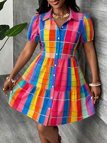 Slaydiva Vestido camisa de manga corta con un solo pecho a cuadros de colores para mujer de talla grande, adecuado para el verano - Multicolor - Ver 4