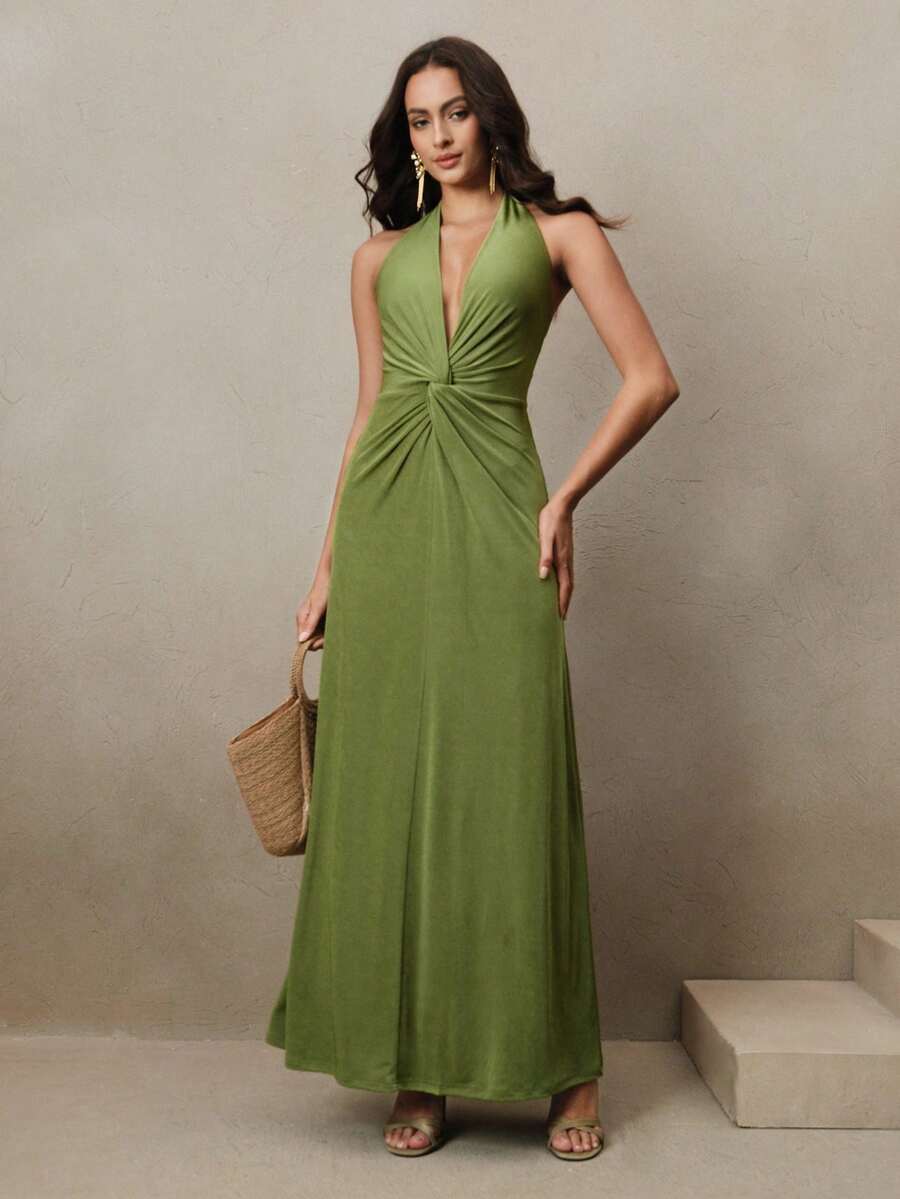 Anewsta Vestido midi elegante y sexy con nudo retorcido y espalda descubierta para mujeres, color verde - Verde - Ver 1