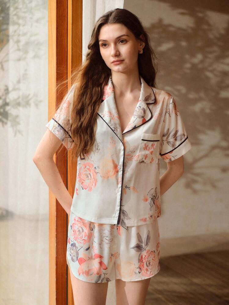 WOMEN FLORAL PRINT CONTRAST PIPING LAPEL COLLAR SHORT SLEEVE SHIRT & SHORTS PAJAMA SET