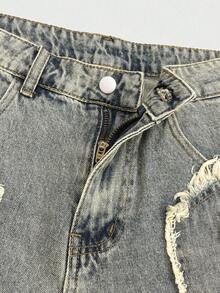 Manfinity EMRG 男士复古拼接毛边宽松牛仔短裤，时尚夏季新品 - 中等水洗藍 - 查看 8