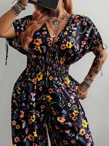 Whyspr Plus Size Women's Black Digital Floral Print Drawstring Shoulder Jumpsuits - Black - View 5