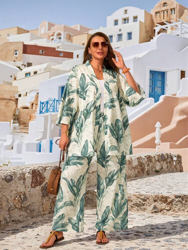 Plus Size Women Tropical Plant Print Open Front Robe And Pants Set Resort Style Outfits Resort Vacation Outfits Women Linen Sets For Women Vacation Nature Outfit Women Busniess Casual Outfits For Women