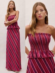 Conjunto coordinado de dos piezas con diseño sin tirantes y hombros descubiertos, con rayas, que incluye un top fruncido con detalle de volantes y una falda fluida.Perfecto para el verano, v - Burdeos - Ver 5