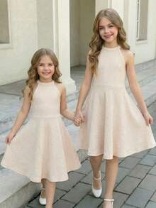 SHEIN Young Girl's Elegant Fairy Summer Party Dress,Solid Black Stand-Up Collar Sleeveless Waist A-Line Orange Sisters Outfit For New Year Birthday,Kids - Apricot - View 2