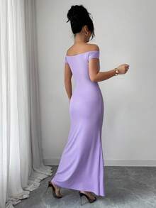 Rafferiza Đầm maxi ôm sát eo xếp ly, trễ vai, đính đá màu tím oải hương, thích hợp cho mùa xuân hè, váy dạ hội sang trọng cho tiệc tùng và hẹn hò. - Màu tím - Xem 2
