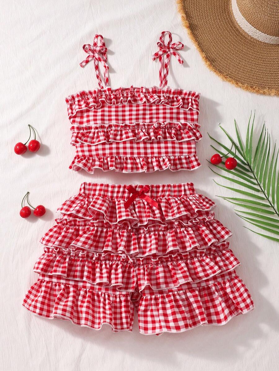 SHEIN Genkimix Kids 女童格子荷叶边吊带背心和蛋糕裙两件套 - 紅色 - 查看 1