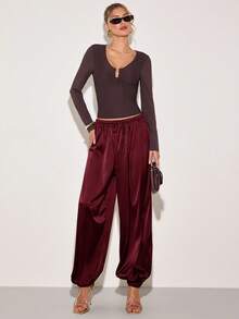 COSMINA Pantalones casuales de uso diario con cintura con cordón y pierna de farol de unicolor para mujeres - Burdeos - Ver 7