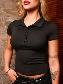 Victoria Miranda Glamine Polo Collar Button Short Sleeve Slim Fit Sports Cinched Waist Minimalist Women's T-Shirt,Spring/Summer, Easter,Vacation Women Casual - Black - View 3