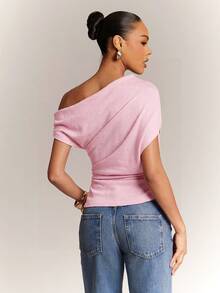 Hauture Women's Office Casual Dialy Simple Off Shoulder Wool Like Knit Ruched Top - Pink - View 2