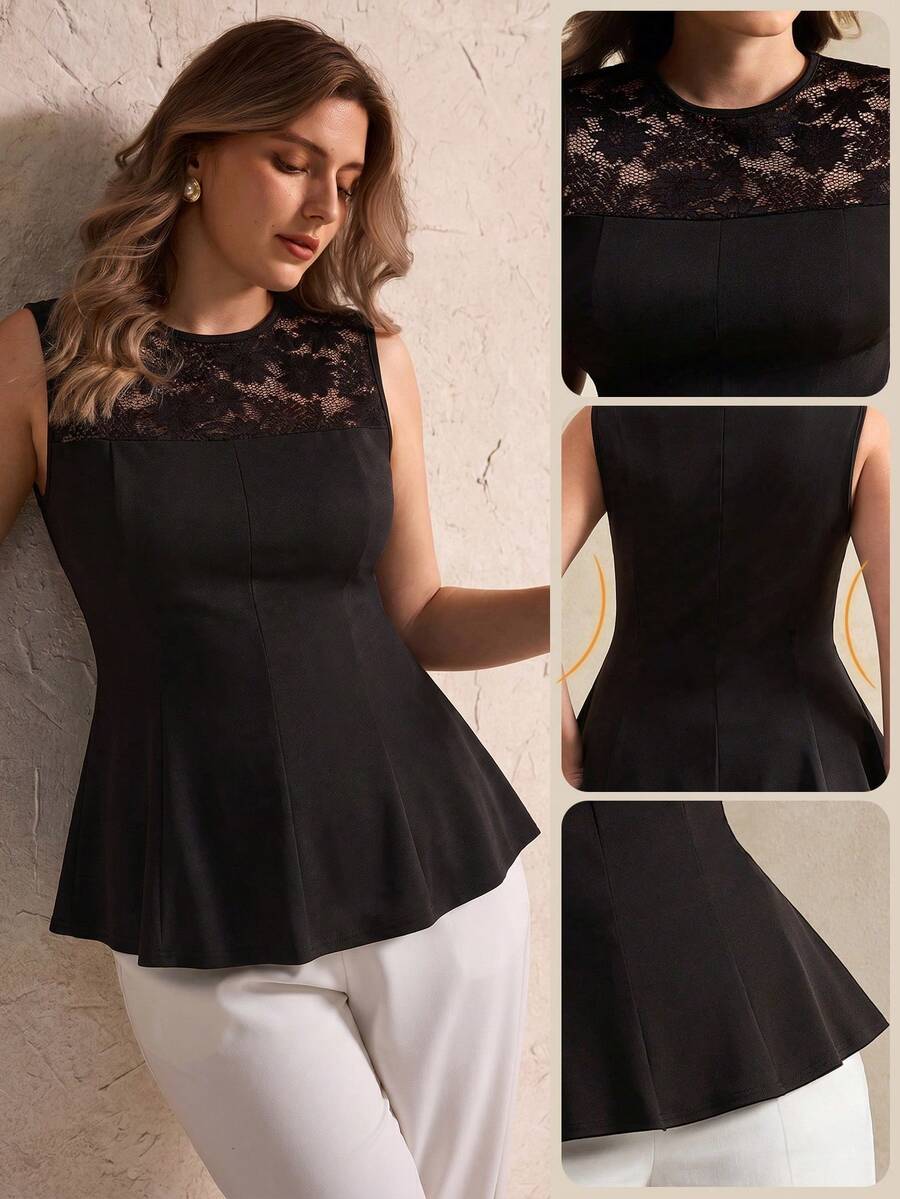 Elegantrix Áo không tay dáng rộng dành cho nữ mùa xuân/hè, phối ren, xếp nếp, kiểu dáng thanh lịch, thích hợp cho công sở và hẹn hò. - màu đen - Xem 1