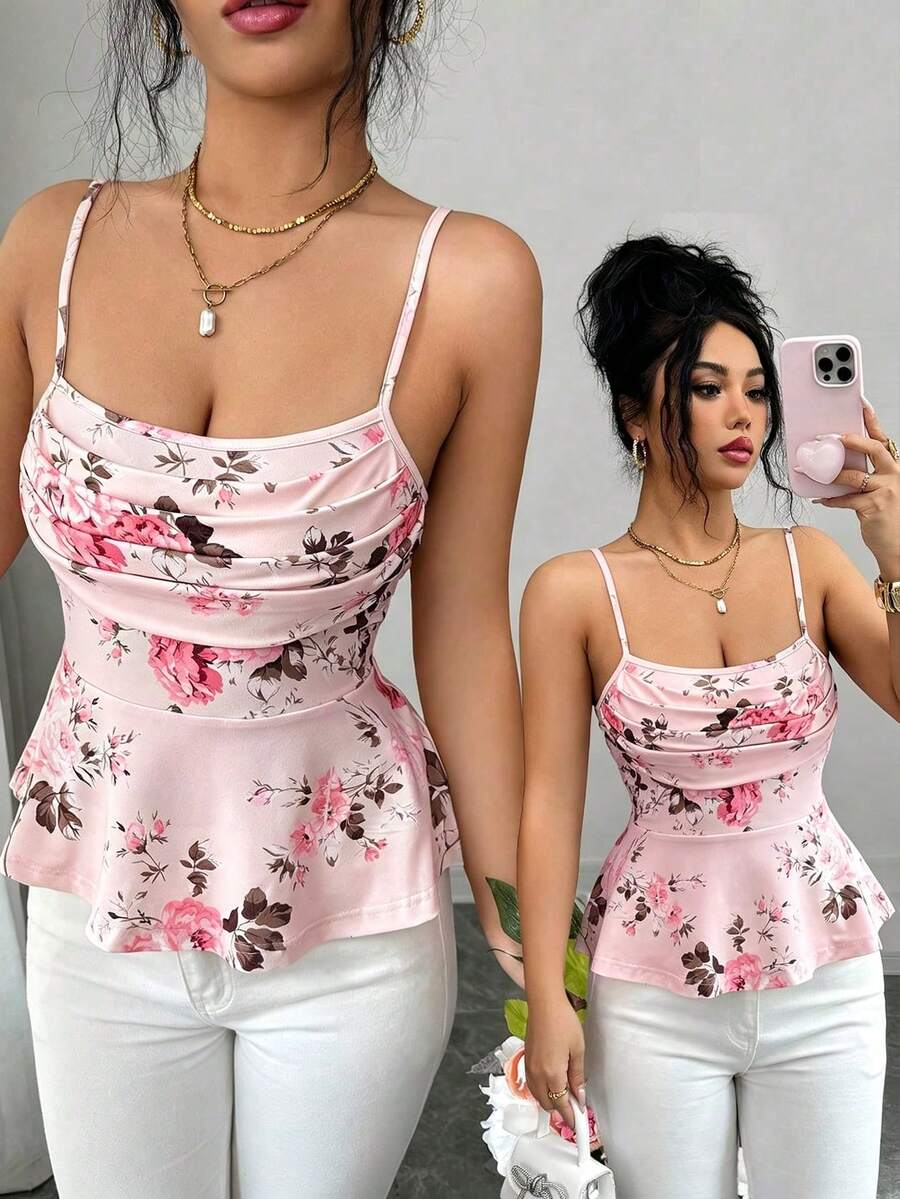 SHEIN Elenzya Best-Selling Rose Print Vacation Spaghetti Strap Ruched Waist Flared Hem Camisole Top, Summer Vacation Garden Party Pink Floral Romantic - Pink - View 1