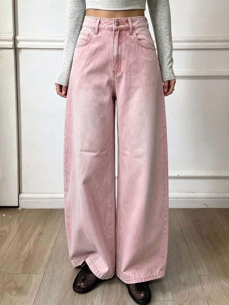 Women's Casual Everyday Washed Slant Pocket Loose Wide-Leg Jeans