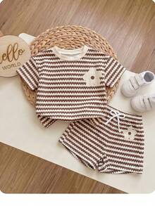 SHEIN Set estivo da bambina con maglietta a maniche corte a collo tondo a righe + pantaloncini - Castano - Visualizzare 5