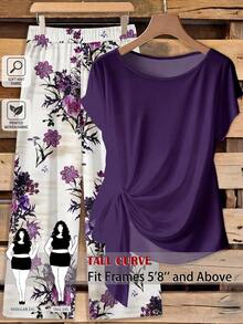 SHEIN Tall CURVE 大码女式纯色褶皱上衣和印花长裤休闲两件套 - 紫色 - 查看 2