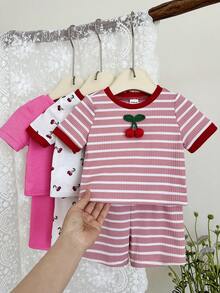 LMoss Kids Bộ 6 áo thun dệt kim cổ tròn phối màu cho bé gái, kiểu dáng thường ngày, in hình quả anh đào dễ thương. - Nhiều màu - Xem 3