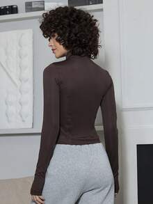Xuxu's by Gio Chaqueta elástica de manga larga con cuello alto para mujer, informal y deportiva, para primavera y otoño - Café integral - Ver 2