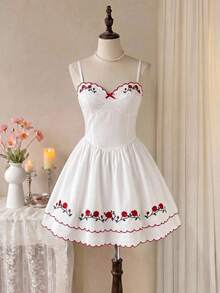 Sweetness French Vacation Rose Embroidery Sweet Mini Dress For Women - White - View 1