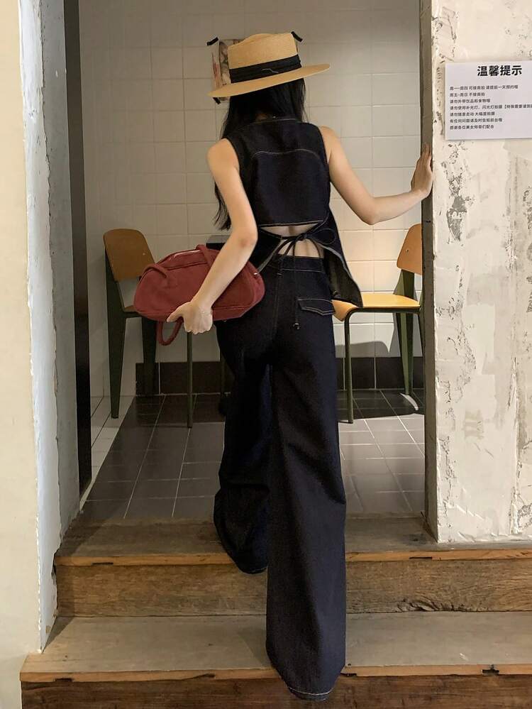 Women's Square Neck Cinched Waist Camisole And Long Loose Wide Leg Jeans Casual Suit