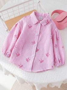 SHEIN LMoss Kids LMoss 女婴时尚可爱条纹长袖衬衫，非常适合度假 - 粉色 - 查看 6
