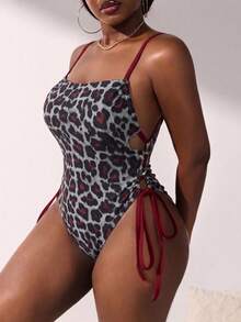 Slaydiva Plus Size Women's Leopard Print Fitted Sexy One-Piece Swimsuit Beach Summer - Rusty Rose - View 7