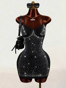Mistrie Summer Sexy Spaghetti Strap Black Dress With Rhinestone Embellishment, Bodycon Fit For Party, Stage And Festival Occasions - Black - View 3