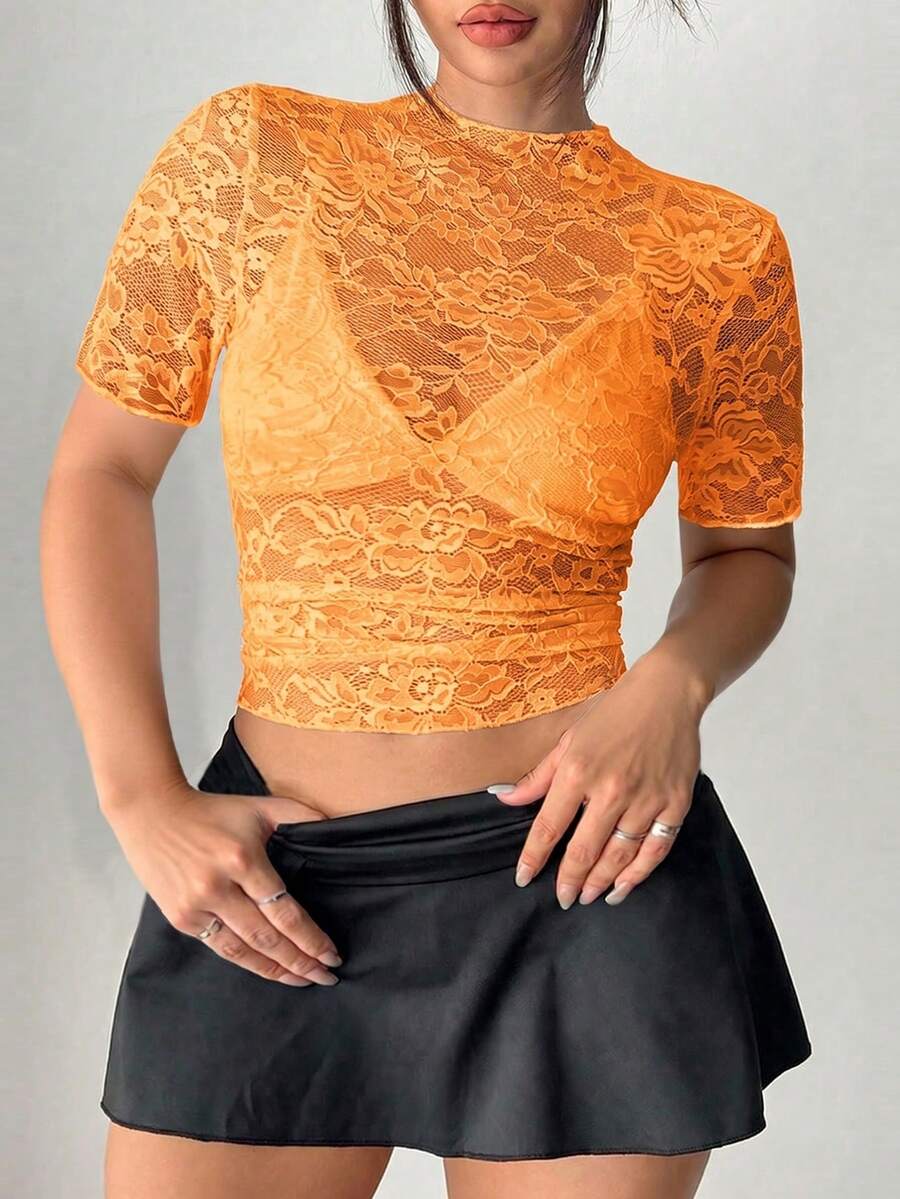 Viva Relle Camiseta casual de manga larga, cuello redondo, ajuste ceñido y elástica con encaje transparente para mujer de talla grande, primavera/otoño - Amarillo - Ver 1