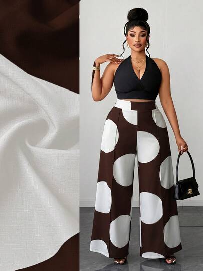 Maweii Pantalones de mujer de talla grande de diseño refinado y de alta gama, de uso diario u oficina, con estampado de lunares en blanco y negro, de tela texturizada, sueltos y casuales, elegantes y de moda para vacaciones