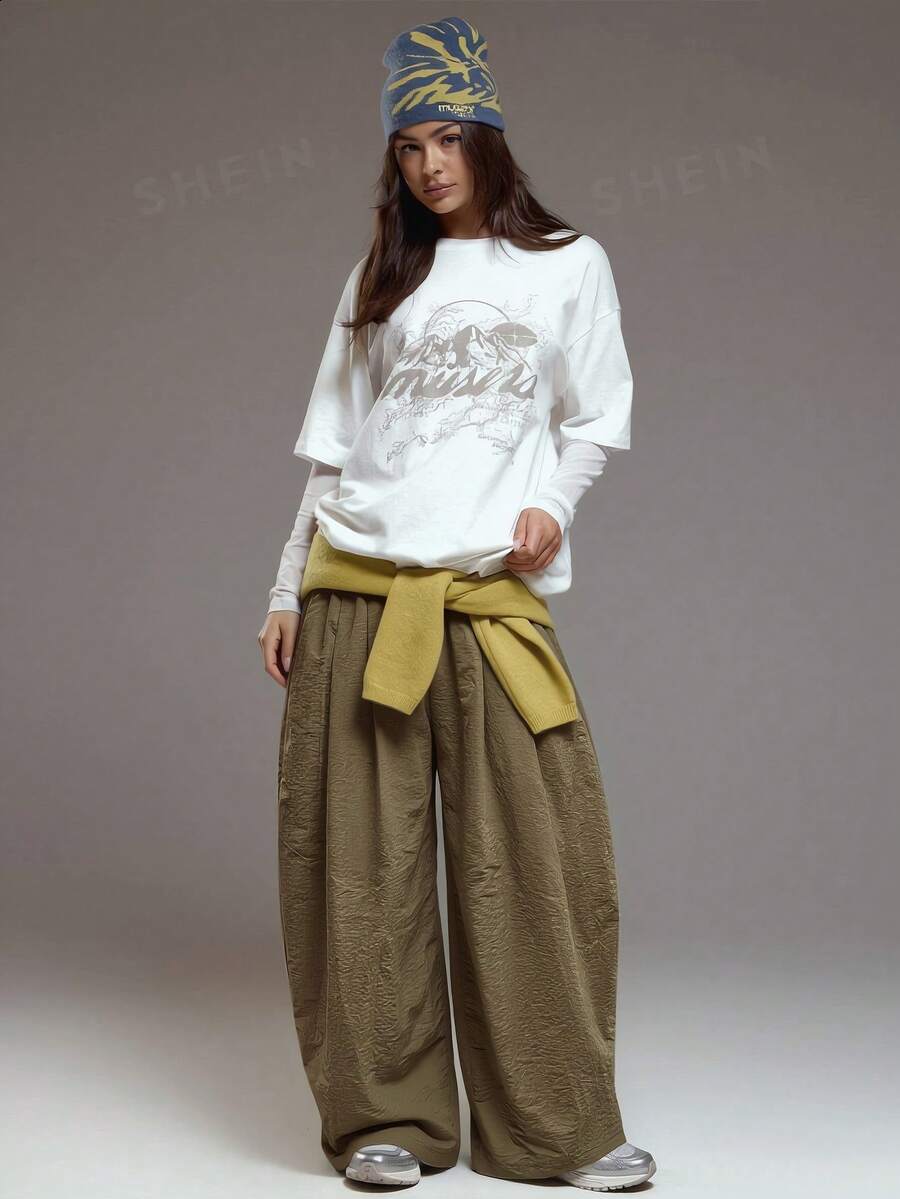 MUSERA 超宽褶皱灯笼裤，酷女孩舒适可爱户外探险风，Y2K风格，春夏休闲度假风 - 軍綠色 - 查看 1