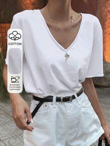 DAZY 女士宽松V领短袖休闲夏季T恤 - 白色 - 查看 1