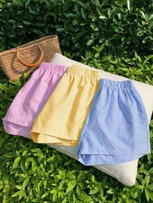 SHEIN Teen Girl Striped Elastic Waist Casual Versatile Daily Wear Shorts - Multicolor - View 4
