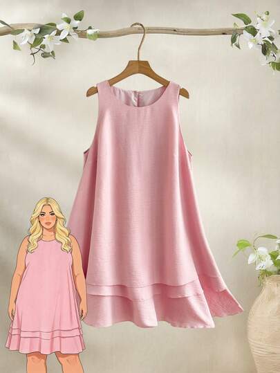 Rusticease Vestido corto sin mangas de unicolor y minimalista para mujer de talla grande